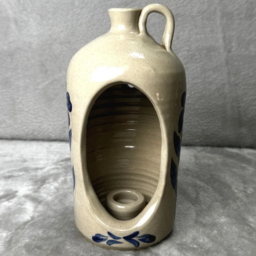 Williamsburg Pottery 1999 Stoneware Candle Holder Blue Floral Luminary Signed